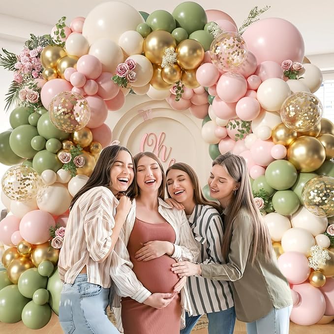 Avocado Green Pink Balloon Arch Kit, 146Pcs Pastel Pink White Sand Retro Avocado Green Gold Confetti Balloons for Baby Bridal Shower Wedding Engagement Birthday Party Decorations