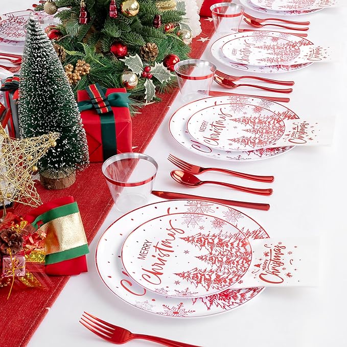 Rubtlamp 175 Pcs Christmas Plastic Plates And Napkins, Christmas Plates Disposable, White And Red Plastic Dinnerware Include 25Dessert Platos, 25Dinner Platos, 75 plastic cultery, 25Cups, 25Napkins