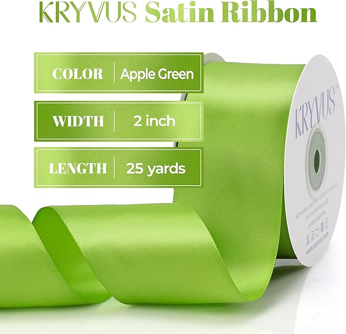 Apple Green Satin Ribbon, Double Faced 2 Inch X 25 Yards Apple Green Ribbon, Premium Satin Ribbon for Gift Wrapping, Crafts, Hair Bow Making, Sewing, Flower Bouquet, Wedding Party Decor