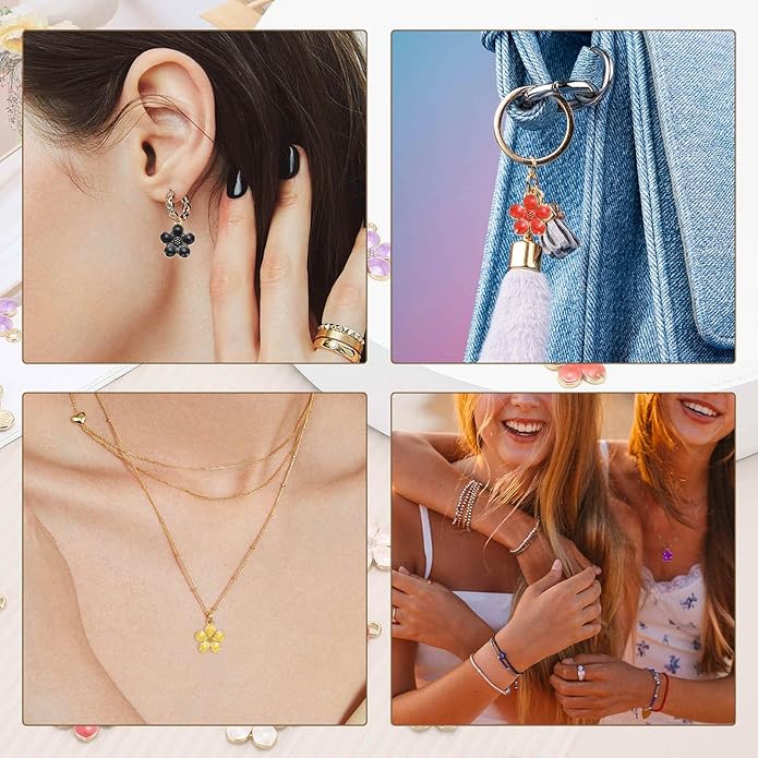 MECCANIXITY Enamel Charm Cherry Blossom Alloy Cute Small Flower Charm Gold Plated Pendant for Jewelry Making