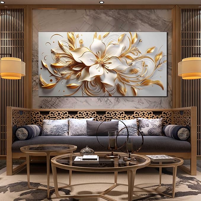 Flower Canvas Wall Art for Bedroom White and Gold Wall Decor for Living Room Wall Art for Dining Room Large Size 29" x 58"