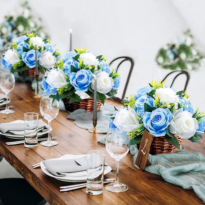 Sziqiqi Faux Silk Rose Flowers Artificial Flowers for Wedding Party Centerpiece Decorations Home Decorative Flowers, Pack of 2 Blue
