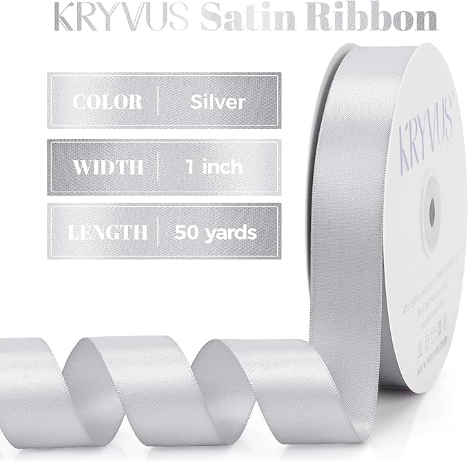Silver Satin Ribbon, Double Faced 1 Inch X 50 Yards Silver Ribbon, Premium Satin Ribbon for Gift Wrapping, Crafts, Hair Bow Making, Sewing, Flower Bouquet, Wedding Party Decor