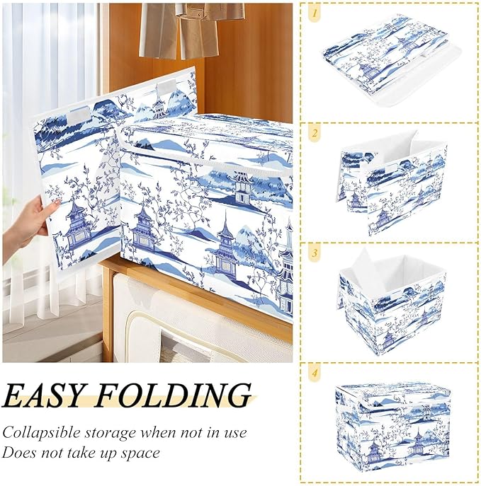susiyo Beautiful Ink Chinoiserie Pagodas Storage Bin Large Collapsible Storage Box Stackable design Fabric Storage Bins with Lids Decorative Multi-Color Foldable Organizing Baskets For Closet, Utility