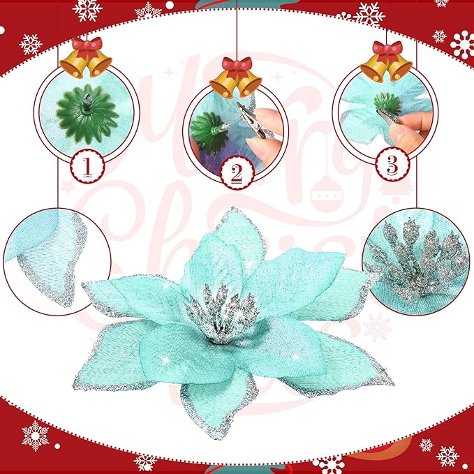 WILLBOND 24 Pcs 3 Size Poinsettia Flower Artificial Christmas Decor Glitter Poinsettia Christmas Ornaments Faux Flowers for Xmas Tree Outdoor(4/6/7.9 Inches,Blue)
