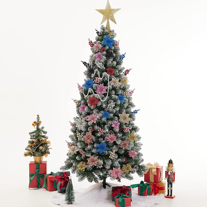 Zhuqing 22Pcs Christmas Poinsettia Artificial Flowers and Glitter Berries Stems Kit, 16Pcs Christmas Tree Flowers Ornaments and 6 Pack Christmas Tree Picks for Wedding Holiday Decorations (Red)