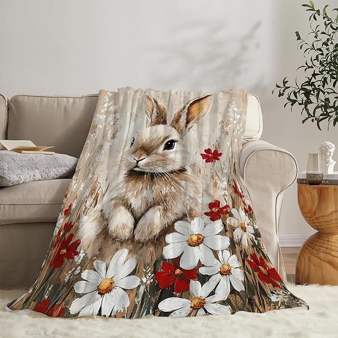Farmhouse Rabbit Blanket Rustic Bunny Throw Blanket Country Soft Cozy Fleece Fuzzy Stuffed Plush Flannel Gifts for Girls Women Boys Kids Adults 60"X80"