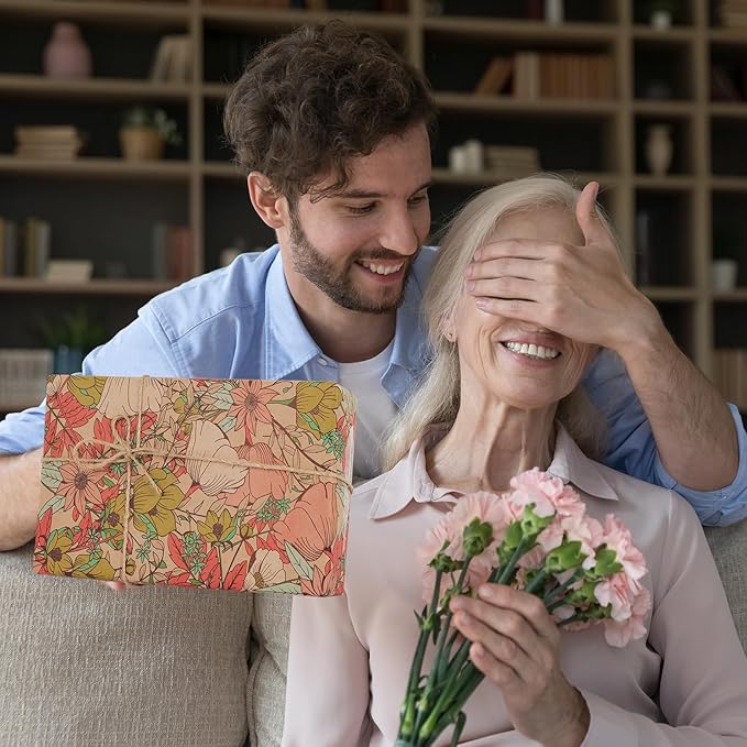 Aimyoo Kraft Floral Wrapping Paper Roll - Jumbo Roll - 30 Inch x 33 Feet - All Occasion Vintage Flower Gift Wrap Paper for Mother's Day Wedding Birthday Bridal Shower