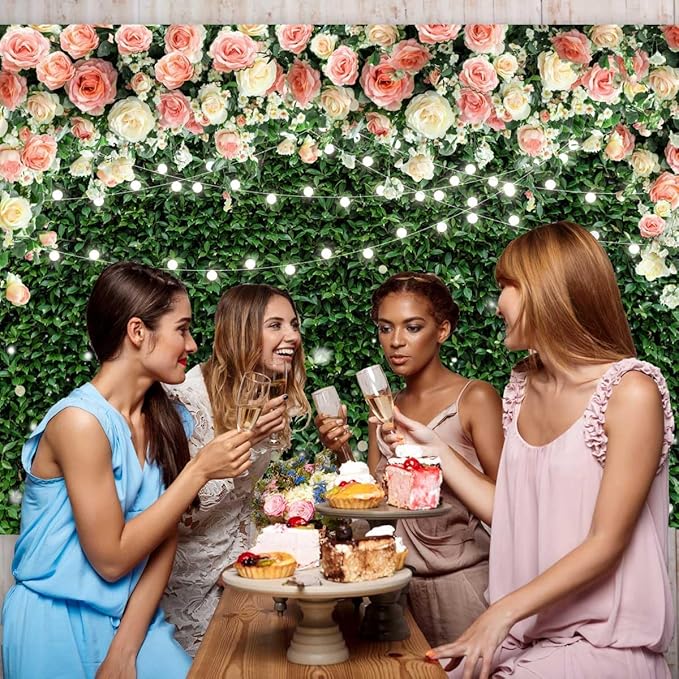 Sensfun Flower Wall Backdrop Spring Pink Rose Blossom Green Leaves Photography Background Floral Grass Birthday Baby Shower Miss to Mrs Wedding Bridal Shower Backdrops Portrait Photo Booth Props 8x6ft
