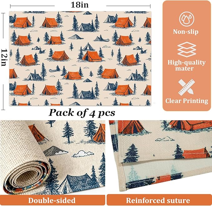 Tent & Pine Tree Dining Room Table Set for 4 Linen Fabric Washable Placemats Set of 4 Table Mats Table Place Mats Picnic Kitchen and Dining Decor for Indoor