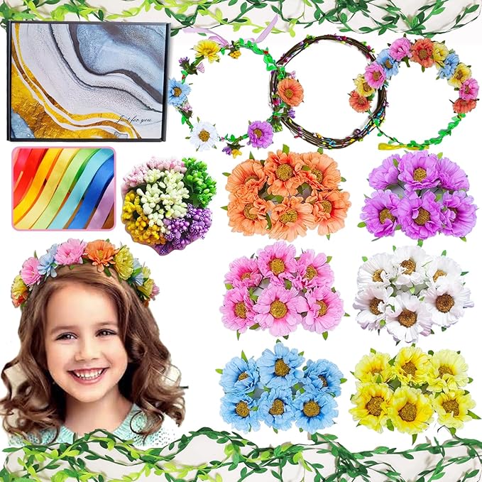 WUBOMJIO Make Your Own Flower Crown Crafting Kit(Daisy Theme)| 120+Piece Set for Endless Creativity | Craft for Creative Girls Age 6-10+