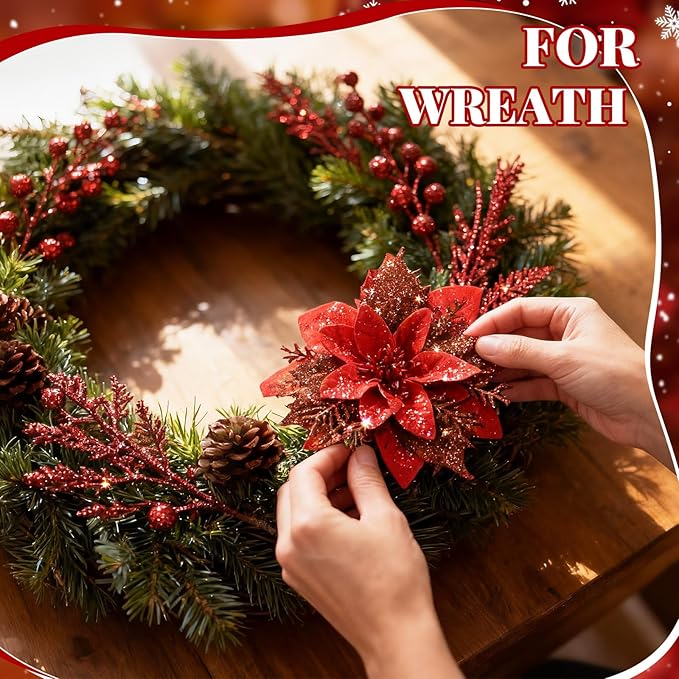 Yerliker 108 Pcs Red Glitter Christmas Picks and Sprays, 12 Styles Artificial Christmas Floral Berry Branches Flowers Stems for Xmas Tree Ornaments Wreath Garland DIY Vase Holiday Party Decor