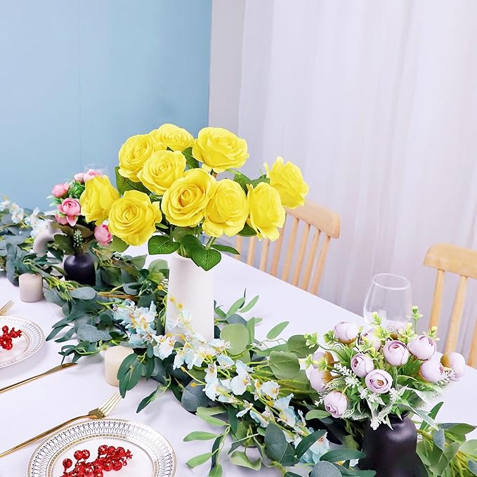 12pcs Yellow Roses Artificial Rose Flowers Fake Roses Flowers with Long Stems Silk Flowers for Wedding Bouquet Centerpices Decorations Party Bridal Baby Shower Home Decor