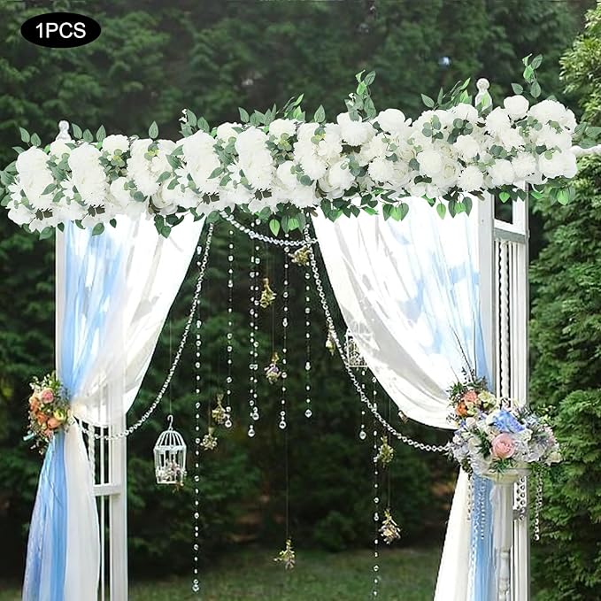 Eapmic Artificial Flower Row, 39.37in Peony Hydrangea Floral Arrangement, Faux Flower Panel Table Centerpiece for Wedding Arch Wall Backdrop Ceremony Reception Home Party Decoration (White)