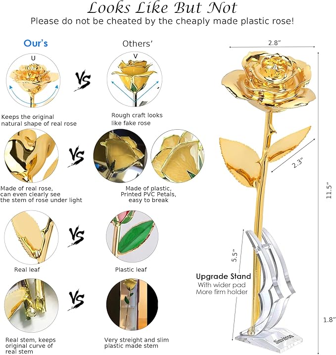 Sinvitron Gold Dipped Rose Real 24K Gold Rose, Hand Dipped One of a Kind Golden Roses, Romantic Gifts for Women on Birthday, Anniversary, Mother’s Day (Golden)