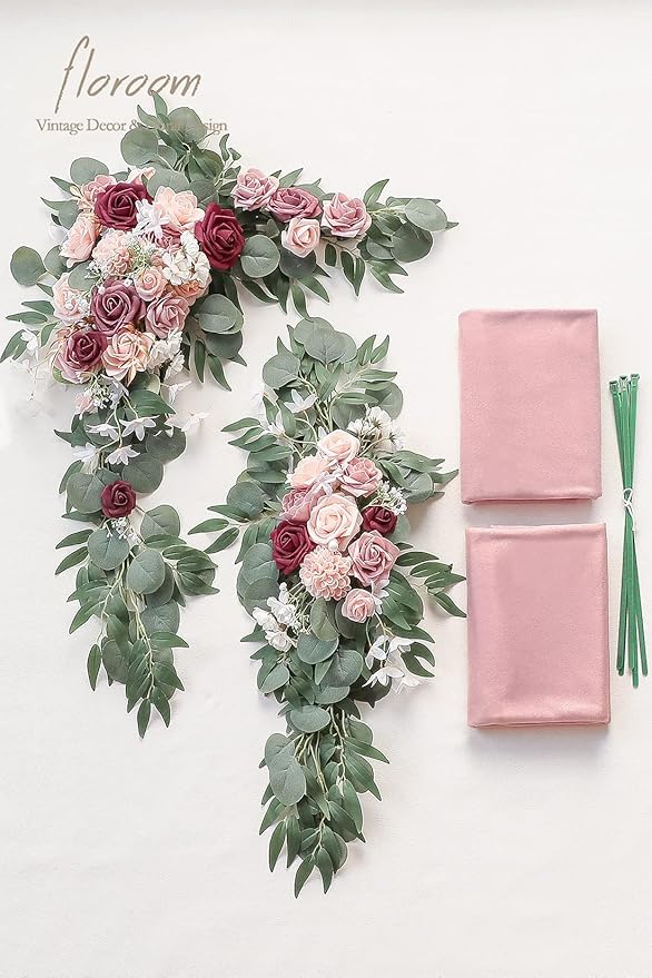 Floroom Arch Flowers with Drapes Kit (Pack of 4) - 2pcs Artificial Dusty Rose & Burgundy Floral Swag Arrangement with 2pcs Draping Fabric for Wedding Ceremony Arbor and Reception Backdrop Decoration
