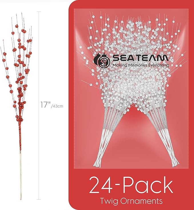 Sea Team 24-Pack Artificial Glitter Berry Stem Ornaments, Decorative Bead Sticks, Glittery Twigs, Picks, Branches for Christmas Tree, Small Vase, Holiday, Wedding, Party (17 Inches, Red)