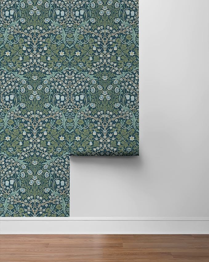 NextWall Seabrook Designs Victorian Garden Floral Vintage Prepasted Wallpaper (Prussian Blue & Moss Green)