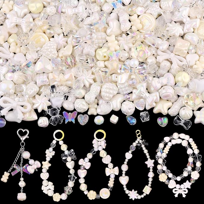 Assorted 200-260PCS White Acrylic Beads for Bracelet Making, Flower Bow Candy GummyBear Bracelet Charms,Cute Beads for Jewelry Making DIY Necklace Keychain Phone Charm Christmas Gift
