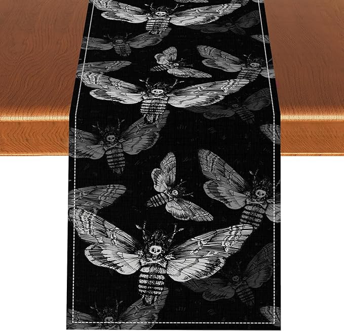 Gothic Moth Table Runner, Boho Gothic Mystical Witchy Skull Retro Farmhouse Coffee Table Center Decor for Home Kitchen Dining Patio Holiday Party Table Decorations 13x36 inches