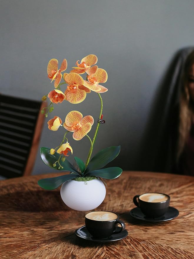 Forlaoers 17" Orange Artificial Orchids That Look Real with Pot Fake Orchid in Vase Artificial Flowers for Home Decor Indoor Office Table Centerpieces Bathroom Decoration