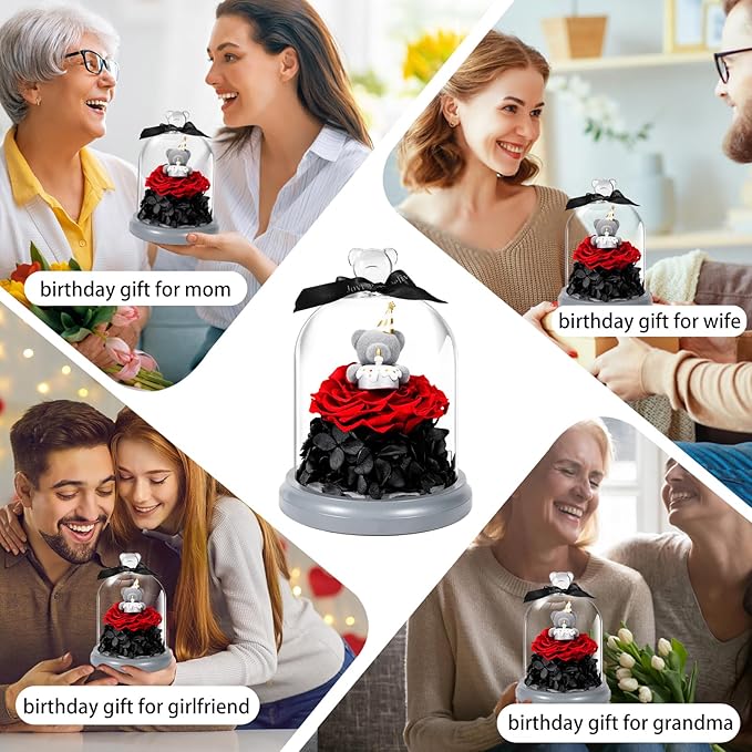 JoyFlower Preserved Flower Birthday Gift for Women, Red Preserved Rose Bear in Glass Birthday Gifts for Girlfriend, Eternal Flower Teddy Bear Gifts for Wife Mom Her Grandma Daughter Sister on Birthday