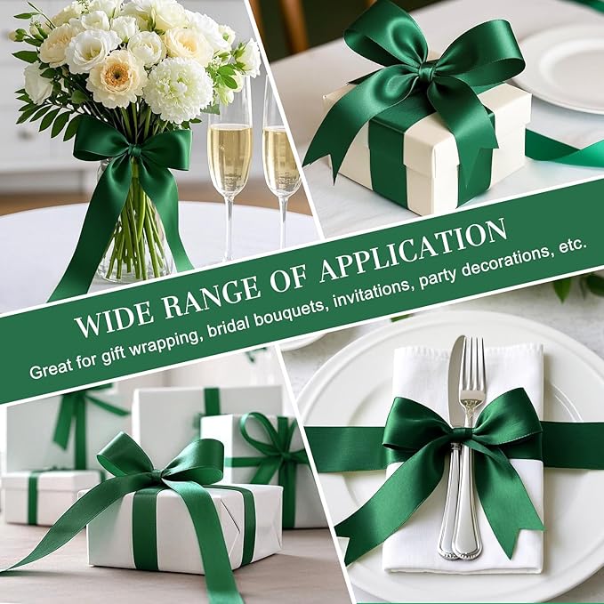 1-1/2 Inches 50 Yards Dark Green Satin Ribbon, Solid Fabric Ribbon Roll for Flower Bouquets, Gift Wrapping, Wedding, Handmade Crafts