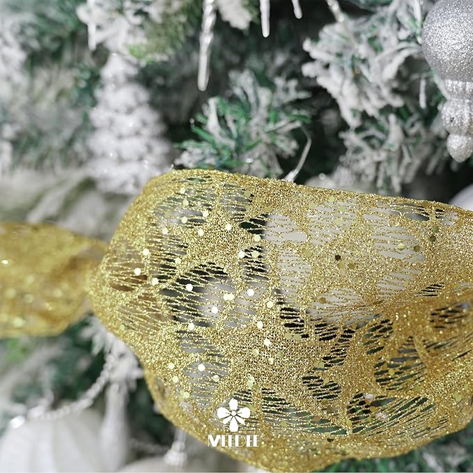 MEEDEE 6 Inch Wide Wired Ribbon Gold Glitter Mesh Web Wired Edge Ribbon by 10 Yards Roll Gold Mesh Wired Ribbons for Christmas Tree, Garland, Holiday Crafts, Wreaths, Bows, Centerpiece, Gift Wrapping