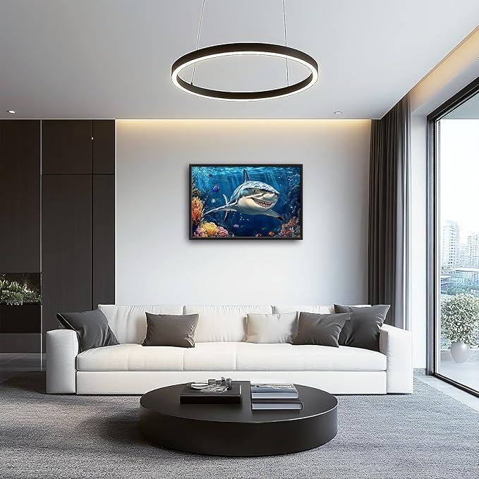 Large Ocean Shark Wall Art for Living Room, Framed Oversized Shark Fish Wall Decor Underwater Marine Life Canvas Painting Modern Artwork for Living Room Bathroom Bedroom Office Dining Room 36"x24"