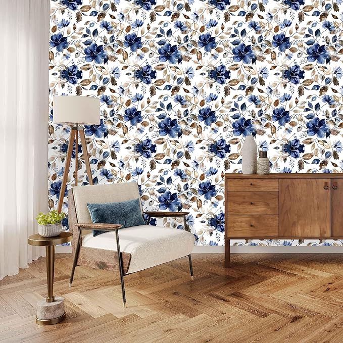 Blue Floral Peel and Stick Wallpaper Modern Contact Paper Waterproof Botanical Flower Removable Self Adhesive Wallpaper for Bathroom Bedroom Living Room Cabinets 17.7"x212.6"