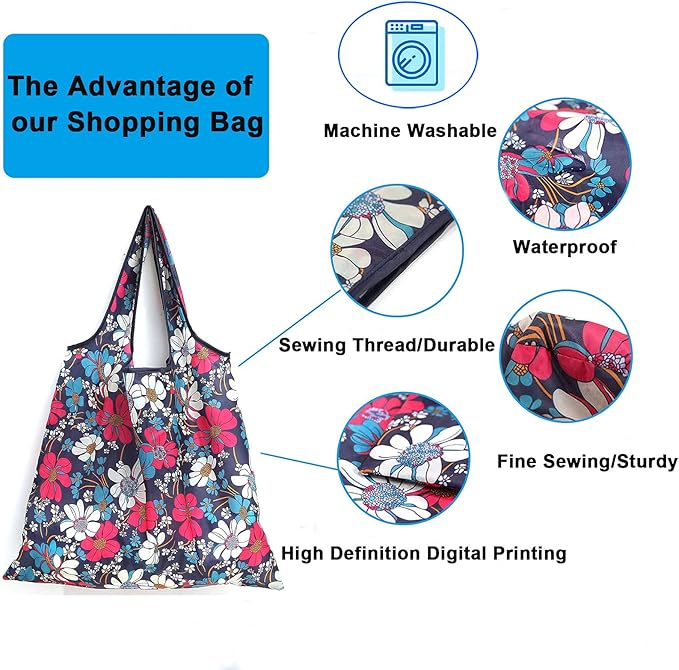 6 Pcs Reusable Grocery Bags Xlarge 50LBS Foldable Grocery Shopping Bags Washable Beach Bag Ripstop Nylon Tote Bags