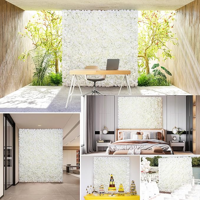 Silk Flower Wall Panels Backdrop 15 * 15inch- 12Pcs Wedding Wall DIY 3D Floral Panels Handmade Fake Flower Screen for Photo Photography Party Event Baby Shower Wall Background Décor-White
