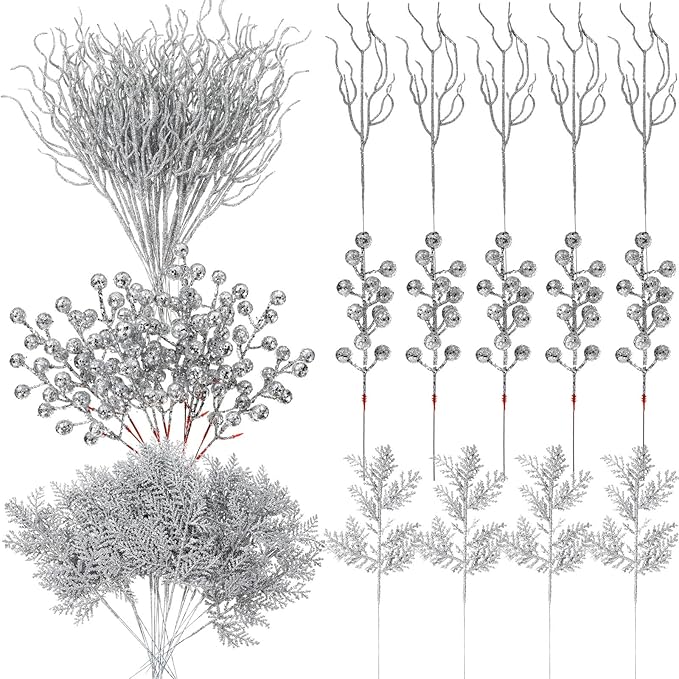 75 Pcs Christmas Glitter Branches 3 Styles Artificial Christmas Picks Berries Stems Pine Needles Floral Twig Spray for Xmas Tree Ornaments DIY Wreath Garland(Silver)