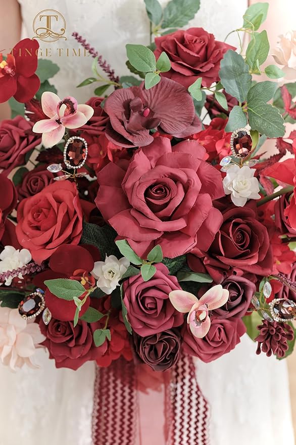TINGE TIME 17 Inch Artificial Bridal Bouquet Realistic Silk Wedding Bouquet, Durable Fake Flowers for Brides, Bridesmaids, Home Decor, and Events (Burgundy Red)