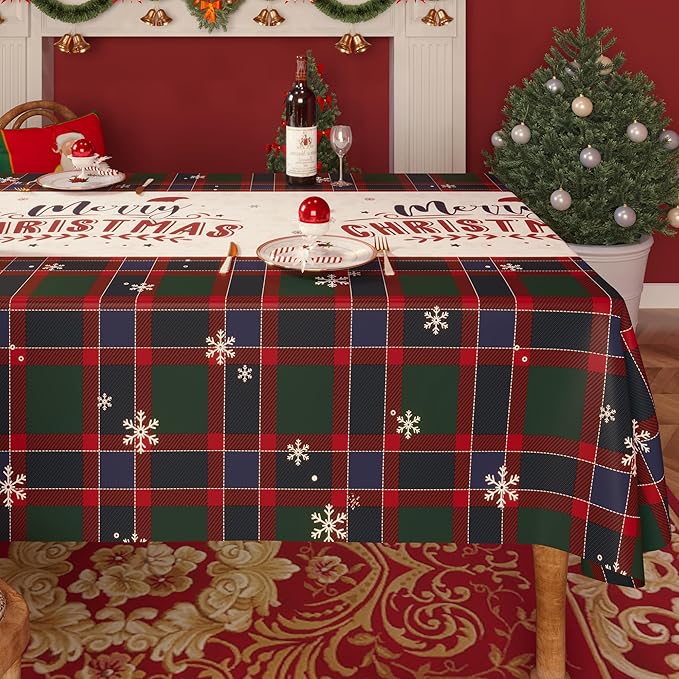 Christmas Rectangle Table Cloth,100% Waterproof Tablecloth,Christmas Decorations for Home, Vinyl Tablecloth Plastic Table Cover for Party，Picnic,Dining,Outdoor 54" x 102",Crimson Checked