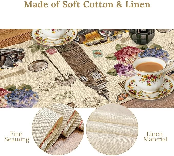 British Table Runner, Seasonal Vintage Floral England London Culture Element Coffee Table Center Decor for Home Kitchen Dining Patio Holiday Party Table Decorations 13x36 inches