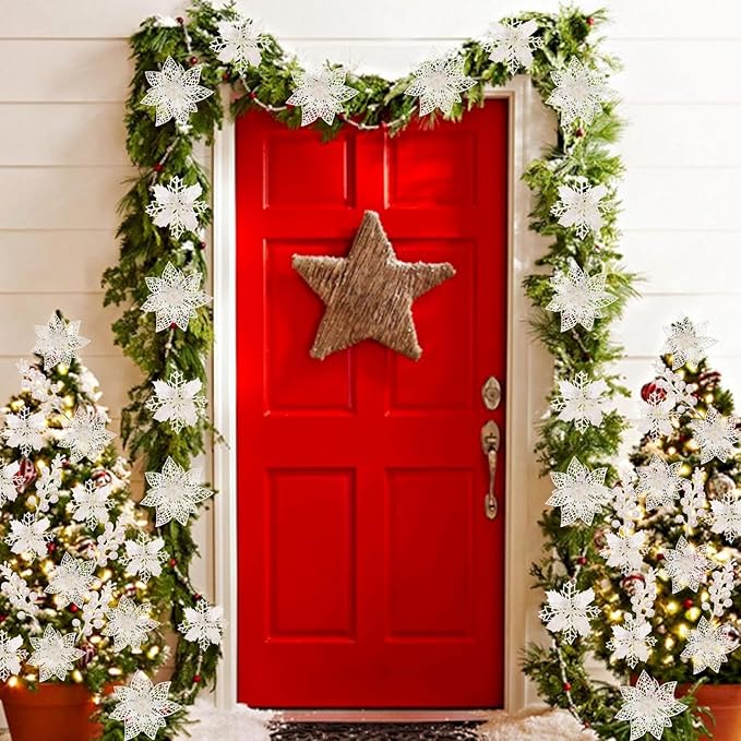 22Pcs Christmas Poinsettia Artificial Flowers and Glitter Berries Stems Kit, 16Pcs Glitter Christmas Tree Flowers Ornaments and 6 Pack Christmas Tree Picks for Wedding Xmas Holiday Decorations(White)