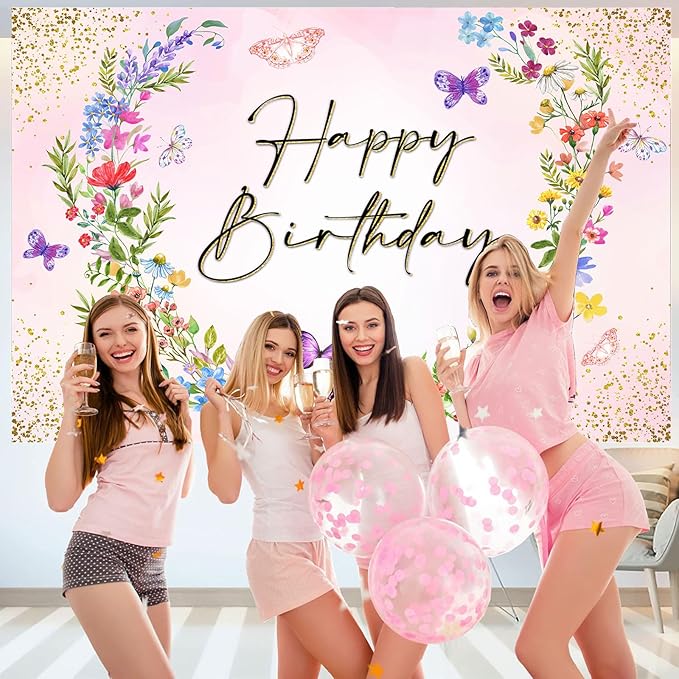 Sensfun Wildflower Happy Birthday Backdrop Banner for Women Wild Flower Birthday Decorations Rustic Floral Butterfly Photography Background for Girls Wildflower Bday Party Decor Photo Booth Prop 7x5ft