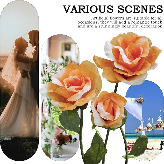 3pc Big Artificial Paper Flowers Wedding Decorations, Giant Rose Flower with Stems for Wedding, Arrangements Party Home Display Baby Shower Photographic Props Mall Display (Orange)