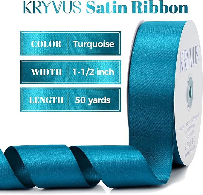 Premium Turquoise Blue Satin Polyester Ribbon, 1.5 Inch x 50 Yards, Double Faced, Perfect for Gift Wrapping, Wedding, Birthday, Anniversary, Special Occasions