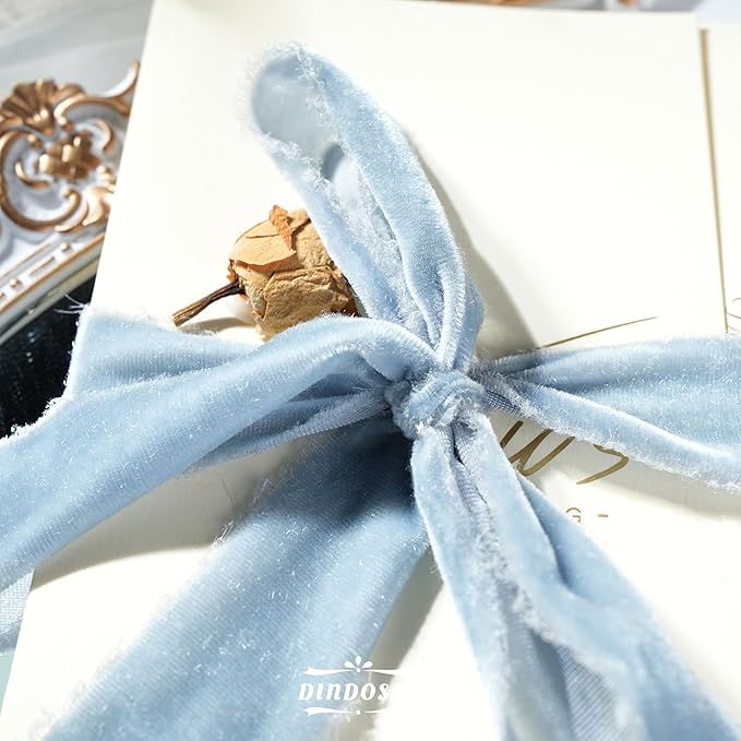 Dusty Blue Velvet Ribbon 1.5 inch French Blue Frayed Velvet Ribbon Blue Raw Edge Ribbon for Wreaths, Christmas Thanksgiving Decor, Flower Bouquet, Gift Wrapping, Bows Making -3 Yards