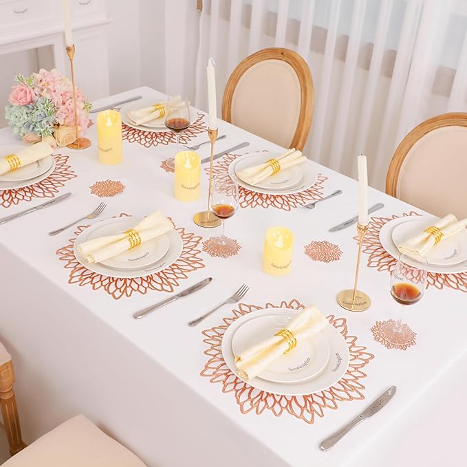 Snowkingdom 18 Pack Rose Gold Placemats Bulk Metallic Pressed Vinyl for Mother's Day Dinning Table Decoration Floral Mats Round Floral Charger Decoration for Weddings Christmas Holiday