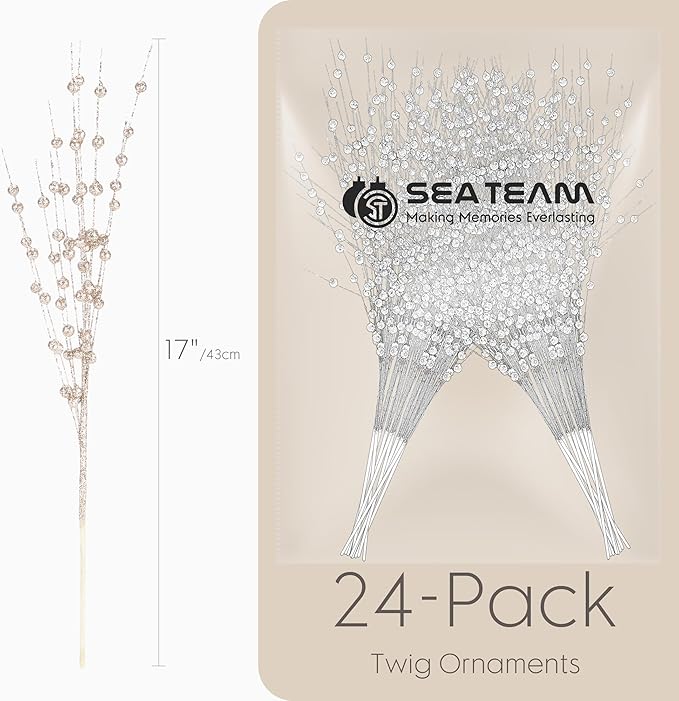 Sea Team 24-Pack Artificial Glitter Berry Stem Ornaments, Decorative Bead Sticks, Glittery Twigs, Picks, Branches for Christmas Tree, Small Vase, Holiday, Wedding, Party (17 Inches, Champagne)