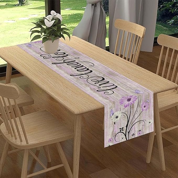 Purple Daisy Table Runner, Butterfly Rustic Seasonal Spring Wild Flower Rustic Blue Wood Farmhouse Decor for Family Kitchen Farmhouse Holiday Party Table Decorations Indoor Outdoor 13x108 inch