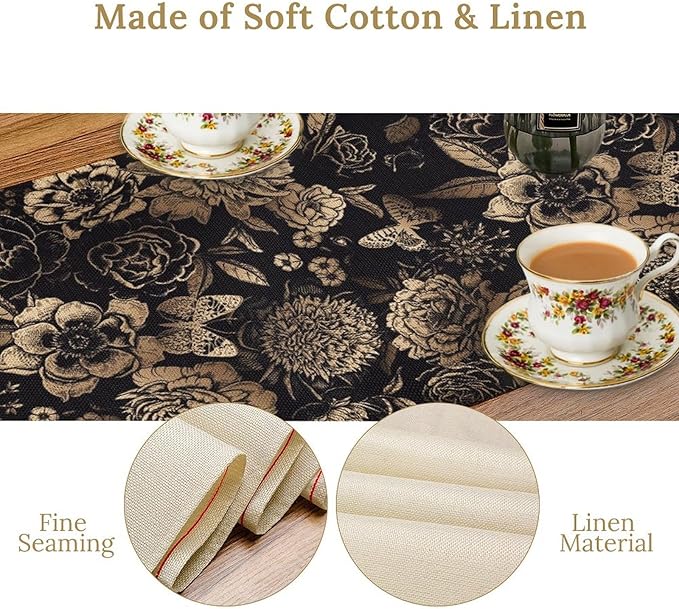 Gold Black Floral Table Runner, Vintage Peony Flower Blossom Butterfly Rustic Plant Leaves Gothic Dark Floral Table Runner for Farmhouse Cottage Kitchen Dining Table Decor, 13x120inch