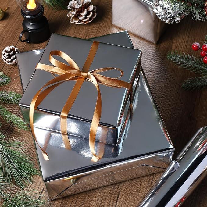 LaRibbons Silver Metallic Wrapping Paper, 17 Inch X 40 Feet (56.6 sq.ft) Solid Color Paper Roll, Gift Wrapping Paper Rolls for Wedding, Birthday, Christmas, Baby Shower