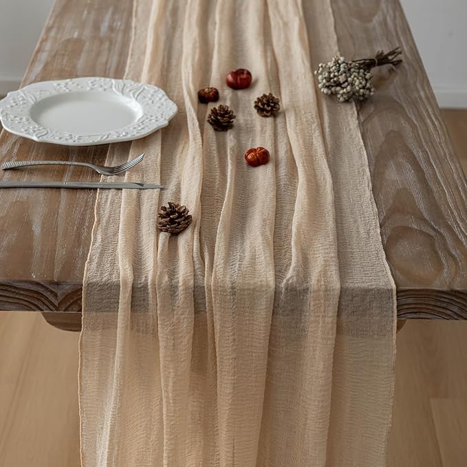 3pcs Deep Beige Cheesecloth Table Runner Rustic Boho Gauze 120 Inch 10 FT Cheese Cloth for Wedding Baby Shower Bridal Shower Birthday Party Long Sheer Home Decorations