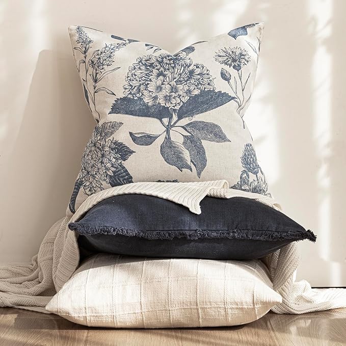 Foindtower Set of 2 Linen Floral Vintage Throw Pillow Covers Neutral Accent Print Decorative Cushion Covers Farmhouse Boho Home Decor for Sofa Chair Couch Bedroom Living Room,18×18 Inch,Blue