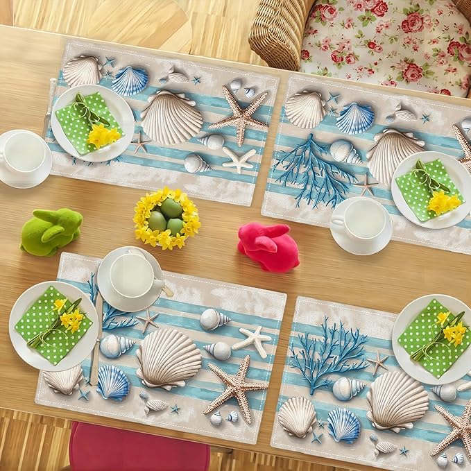 Summer Sea Shell Placemats Set of 6, Coastal Starfish Place Mats, Rustic Summer Ocean Dining Table Mats, Washable Placemats for Kitchen Dining Room 18L'' × 12W''