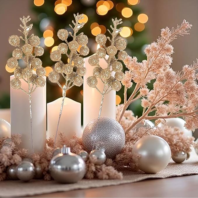 24 Pack Artificial Christmas Glitter Berries Stems Branches,Christmas Faux Holly Berries Branches Ornaments for Christmas Tree Wreath DIY Craft Decorations Holiday Home Decor(Champagne)